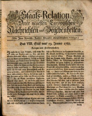 Staats-Relation der neuesten europäischen Nachrichten und Begebenheiten Freitag 19. Januar 1781