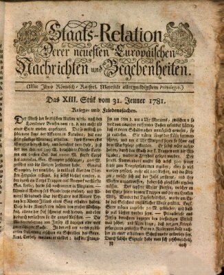 Staats-Relation der neuesten europäischen Nachrichten und Begebenheiten Mittwoch 31. Januar 1781