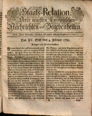 Staats-Relation der neuesten europäischen Nachrichten und Begebenheiten Sonntag 4. Februar 1781