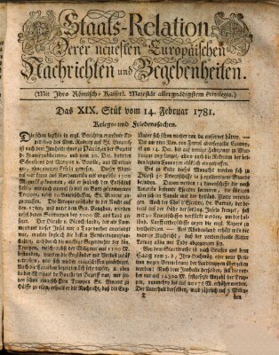 Staats-Relation der neuesten europäischen Nachrichten und Begebenheiten Mittwoch 14. Februar 1781