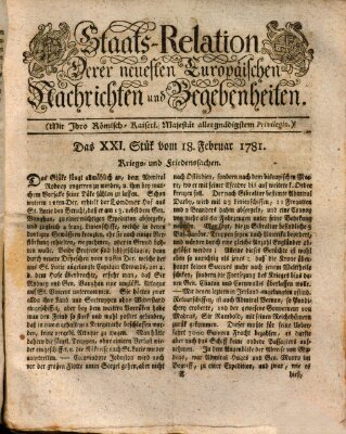 Staats-Relation der neuesten europäischen Nachrichten und Begebenheiten Sonntag 18. Februar 1781