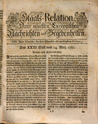 Staats-Relation der neuesten europäischen Nachrichten und Begebenheiten Mittwoch 14. März 1781