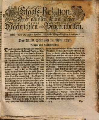 Staats-Relation der neuesten europäischen Nachrichten und Begebenheiten Mittwoch 11. April 1781