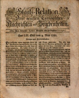 Staats-Relation der neuesten europäischen Nachrichten und Begebenheiten Freitag 4. Mai 1781