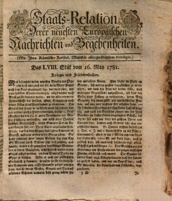 Staats-Relation der neuesten europäischen Nachrichten und Begebenheiten Mittwoch 16. Mai 1781