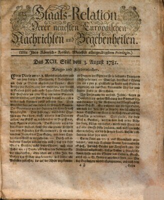 Staats-Relation der neuesten europäischen Nachrichten und Begebenheiten Freitag 3. August 1781