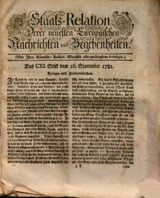 Staats-Relation der neuesten europäischen Nachrichten und Begebenheiten Sonntag 16. September 1781