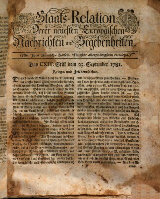 Staats-Relation der neuesten europäischen Nachrichten und Begebenheiten Sonntag 23. September 1781