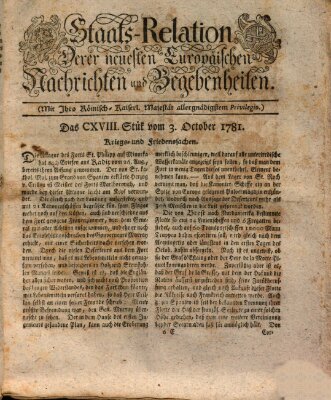 Staats-Relation der neuesten europäischen Nachrichten und Begebenheiten Mittwoch 3. Oktober 1781