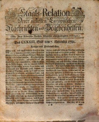 Staats-Relation der neuesten europäischen Nachrichten und Begebenheiten Mittwoch 7. November 1781