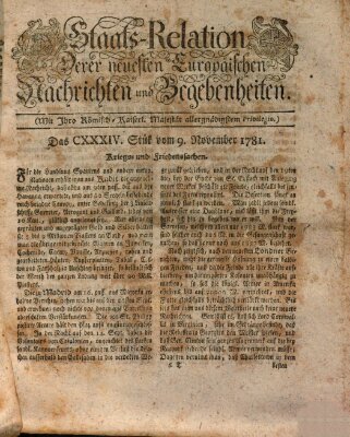 Staats-Relation der neuesten europäischen Nachrichten und Begebenheiten Freitag 9. November 1781