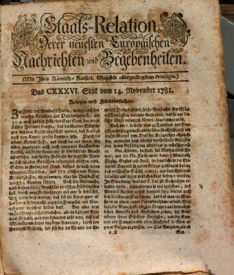 Staats-Relation der neuesten europäischen Nachrichten und Begebenheiten Mittwoch 14. November 1781