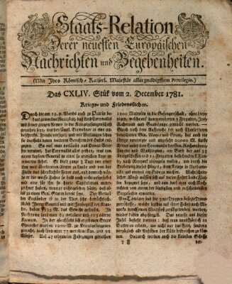 Staats-Relation der neuesten europäischen Nachrichten und Begebenheiten Sonntag 2. Dezember 1781