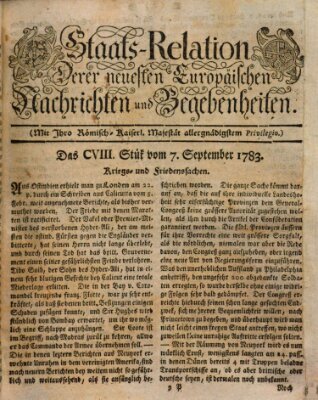 Staats-Relation der neuesten europäischen Nachrichten und Begebenheiten Sonntag 7. September 1783