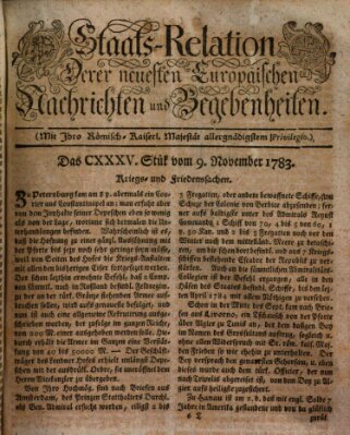 Staats-Relation der neuesten europäischen Nachrichten und Begebenheiten Sonntag 9. November 1783