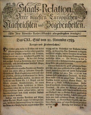 Staats-Relation der neuesten europäischen Nachrichten und Begebenheiten Freitag 21. November 1783