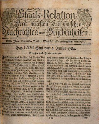 Staats-Relation der neuesten europäischen Nachrichten und Begebenheiten Mittwoch 2. Juni 1784