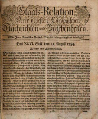 Staats-Relation der neuesten europäischen Nachrichten und Begebenheiten Mittwoch 11. August 1784