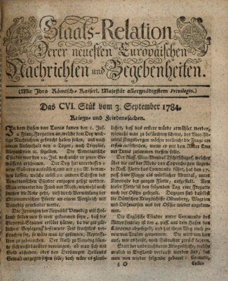 Staats-Relation der neuesten europäischen Nachrichten und Begebenheiten Freitag 3. September 1784