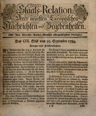 Staats-Relation der neuesten europäischen Nachrichten und Begebenheiten Freitag 10. September 1784