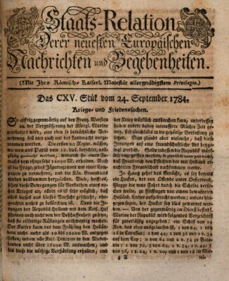 Staats-Relation der neuesten europäischen Nachrichten und Begebenheiten Freitag 24. September 1784