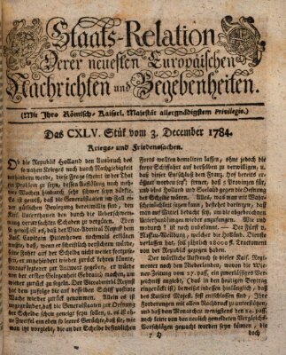 Staats-Relation der neuesten europäischen Nachrichten und Begebenheiten Freitag 3. Dezember 1784