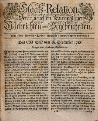 Staats-Relation der neuesten europäischen Nachrichten und Begebenheiten Freitag 16. September 1785