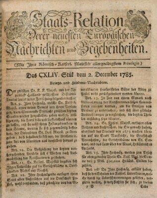 Staats-Relation der neuesten europäischen Nachrichten und Begebenheiten Freitag 2. Dezember 1785