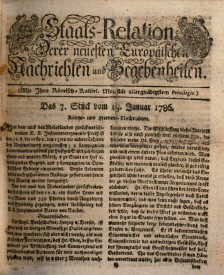 Staats-Relation der neuesten europäischen Nachrichten und Begebenheiten Sonntag 15. Januar 1786