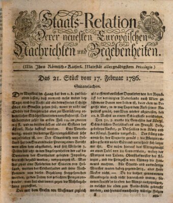 Staats-Relation der neuesten europäischen Nachrichten und Begebenheiten Freitag 17. Februar 1786