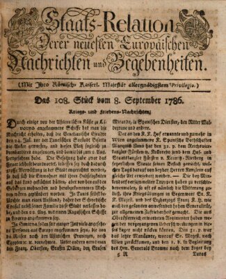 Staats-Relation der neuesten europäischen Nachrichten und Begebenheiten Freitag 8. September 1786