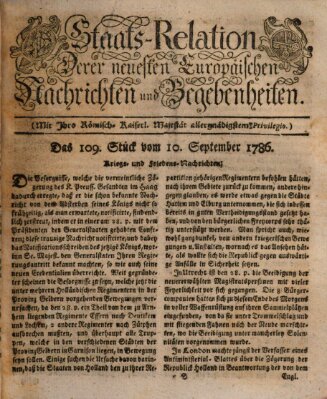 Staats-Relation der neuesten europäischen Nachrichten und Begebenheiten Sonntag 10. September 1786