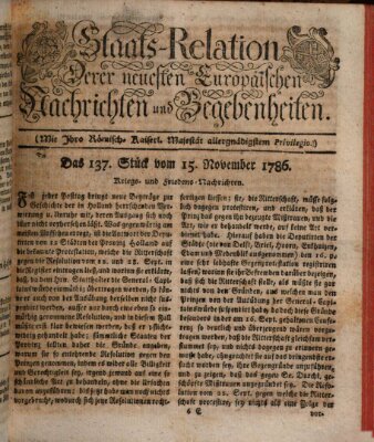 Staats-Relation der neuesten europäischen Nachrichten und Begebenheiten Mittwoch 15. November 1786