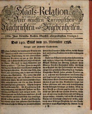 Staats-Relation der neuesten europäischen Nachrichten und Begebenheiten Mittwoch 22. November 1786