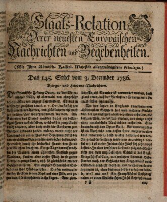 Staats-Relation der neuesten europäischen Nachrichten und Begebenheiten Sonntag 3. Dezember 1786