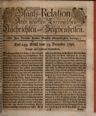 Staats-Relation der neuesten europäischen Nachrichten und Begebenheiten Mittwoch 13. Dezember 1786