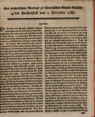 Staats-Relation der neuesten europäischen Nachrichten und Begebenheiten Freitag 1. Dezember 1786