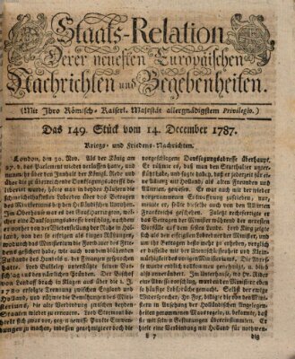 Staats-Relation der neuesten europäischen Nachrichten und Begebenheiten Freitag 14. Dezember 1787