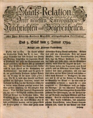 Staats-Relation der neuesten europäischen Nachrichten und Begebenheiten Sonntag 5. Januar 1794