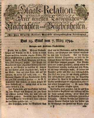 Staats-Relation der neuesten europäischen Nachrichten und Begebenheiten Freitag 7. März 1794