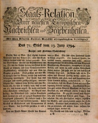 Staats-Relation der neuesten europäischen Nachrichten und Begebenheiten Freitag 13. Juni 1794