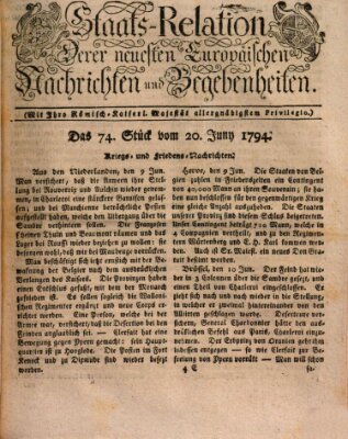 Staats-Relation der neuesten europäischen Nachrichten und Begebenheiten Freitag 20. Juni 1794