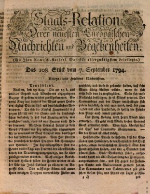 Staats-Relation der neuesten europäischen Nachrichten und Begebenheiten Sonntag 7. September 1794