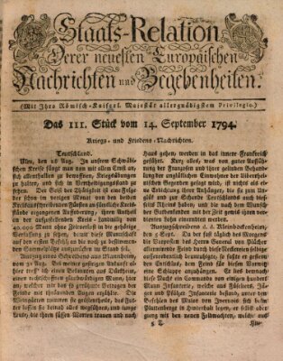 Staats-Relation der neuesten europäischen Nachrichten und Begebenheiten Sonntag 14. September 1794