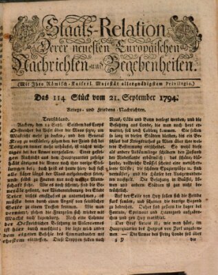 Staats-Relation der neuesten europäischen Nachrichten und Begebenheiten Sonntag 21. September 1794