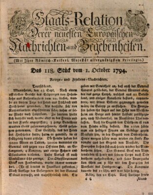 Staats-Relation der neuesten europäischen Nachrichten und Begebenheiten Mittwoch 1. Oktober 1794