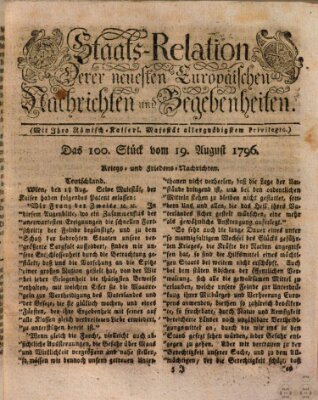 Staats-Relation der neuesten europäischen Nachrichten und Begebenheiten Freitag 19. August 1796