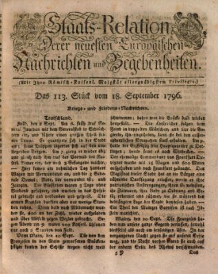 Staats-Relation der neuesten europäischen Nachrichten und Begebenheiten Sonntag 18. September 1796