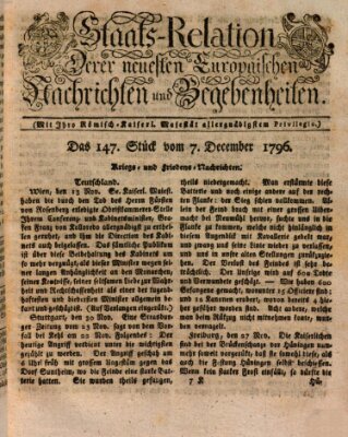 Staats-Relation der neuesten europäischen Nachrichten und Begebenheiten Mittwoch 7. Dezember 1796