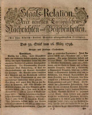 Staats-Relation der neuesten europäischen Nachrichten und Begebenheiten Freitag 16. März 1798